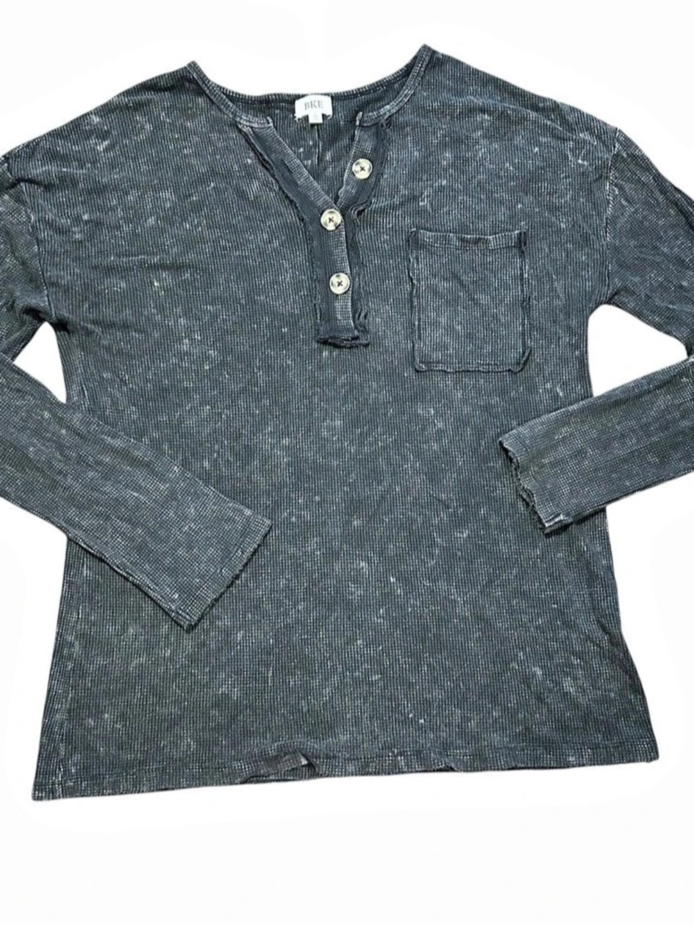 BKE Buckle Womens Large Waffle Knit Henley Top Boho Black Distressed Belle Elena
